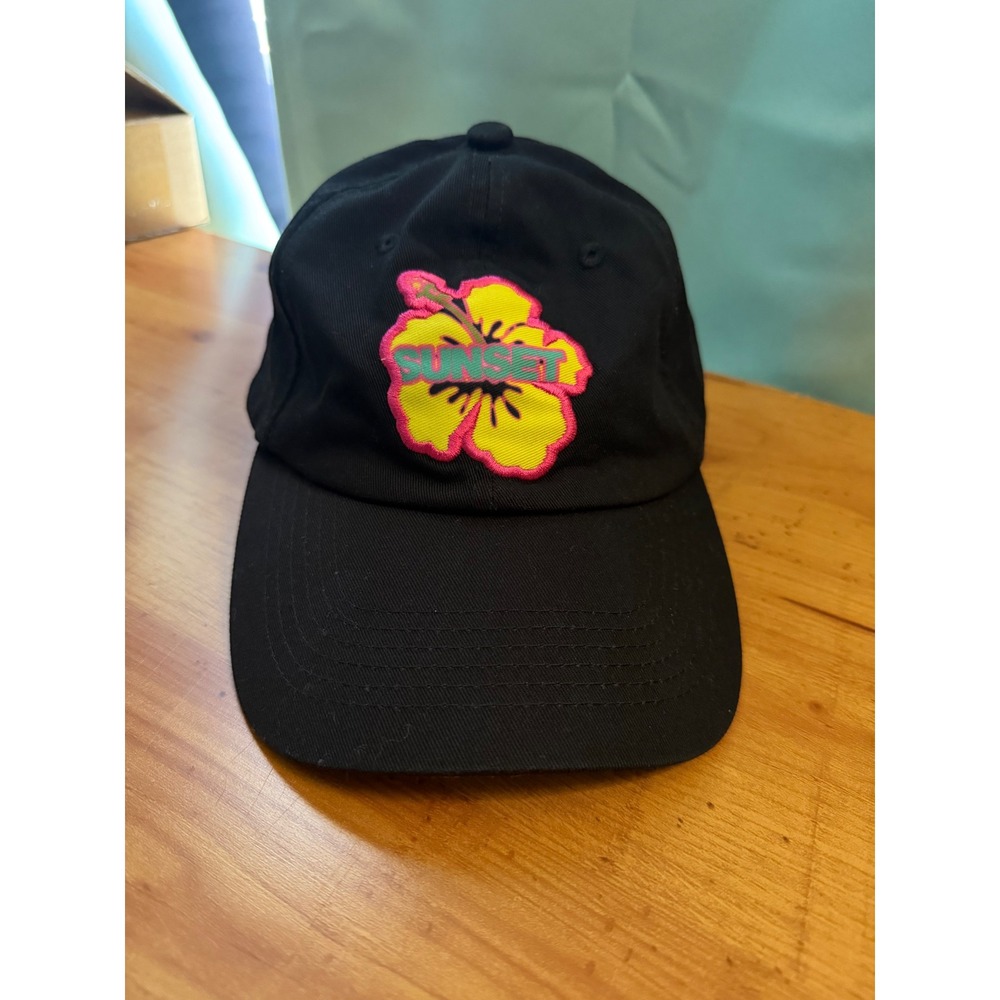 Sunset Black Baseball Cap Hibiscus Flower Embroidered Hat Adjustable Strap